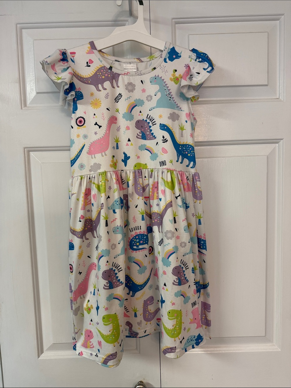 Girls' White Dino Print Ruffle Sleeve Dress